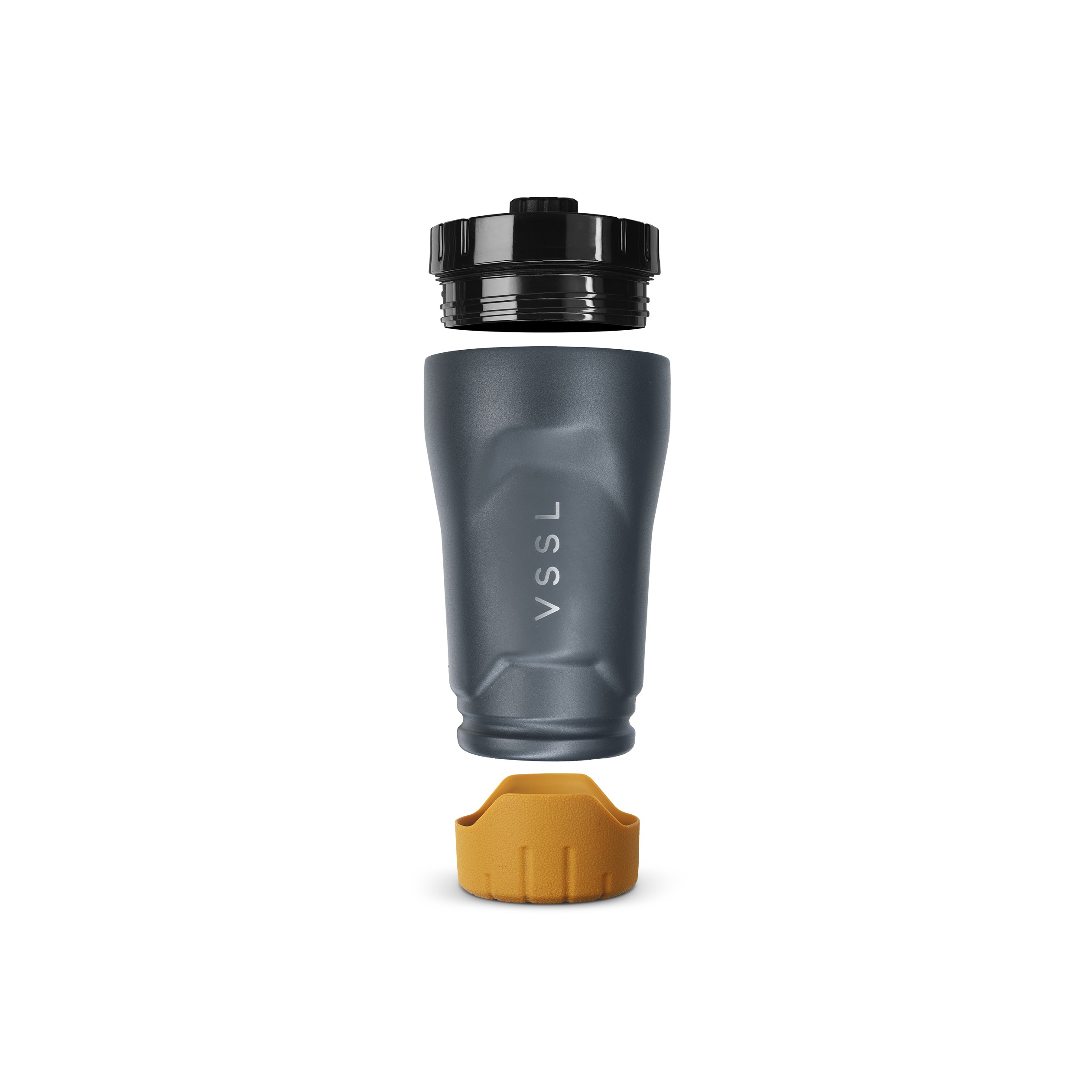 Handkaffeemühle, Kaffeemühle, dunkelgrau, schwarzer Schraubdeckel, orangefarbener Sockel