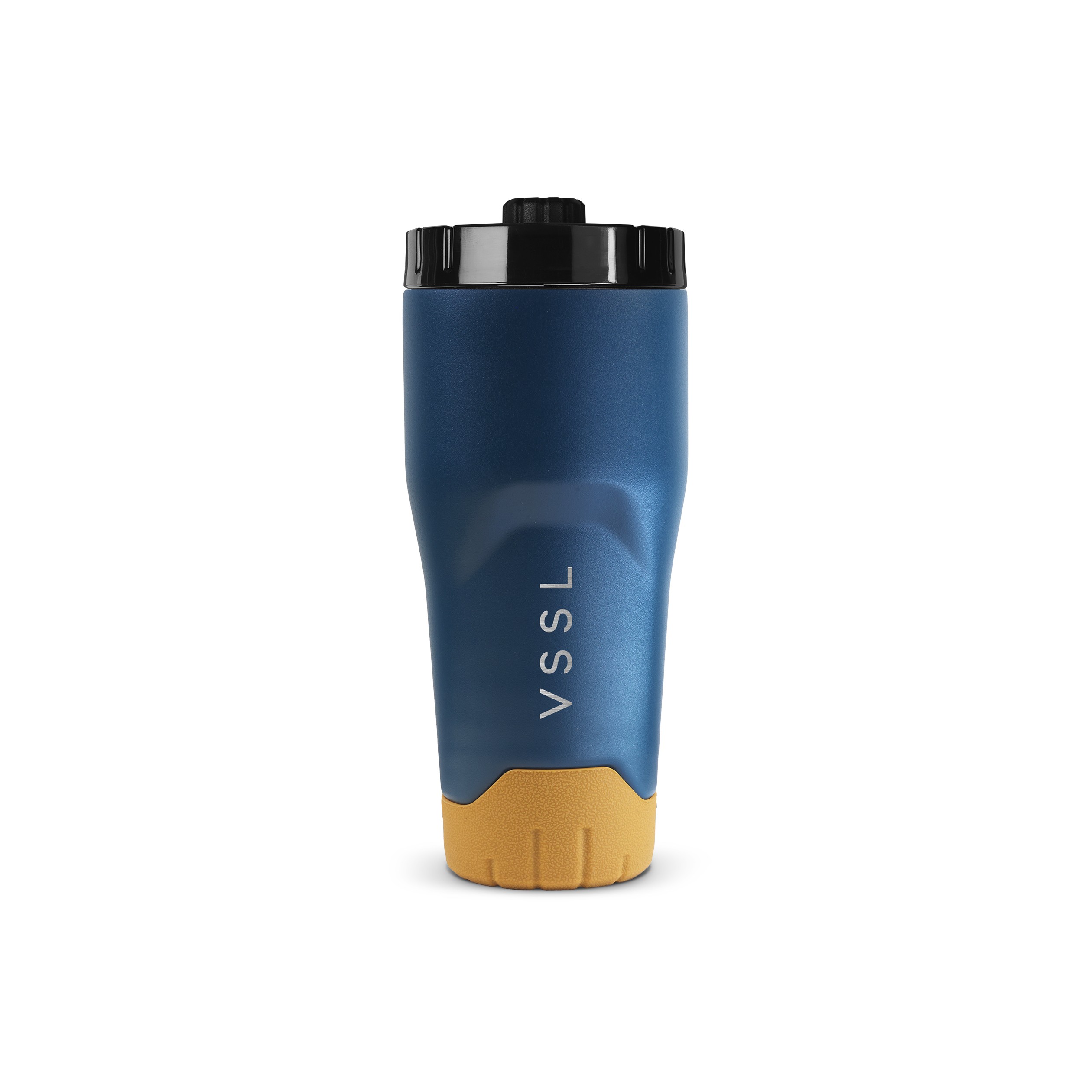 Thermobecher, Blau, Schwarzer Deckel, Gelber Boden, Trinkbecher