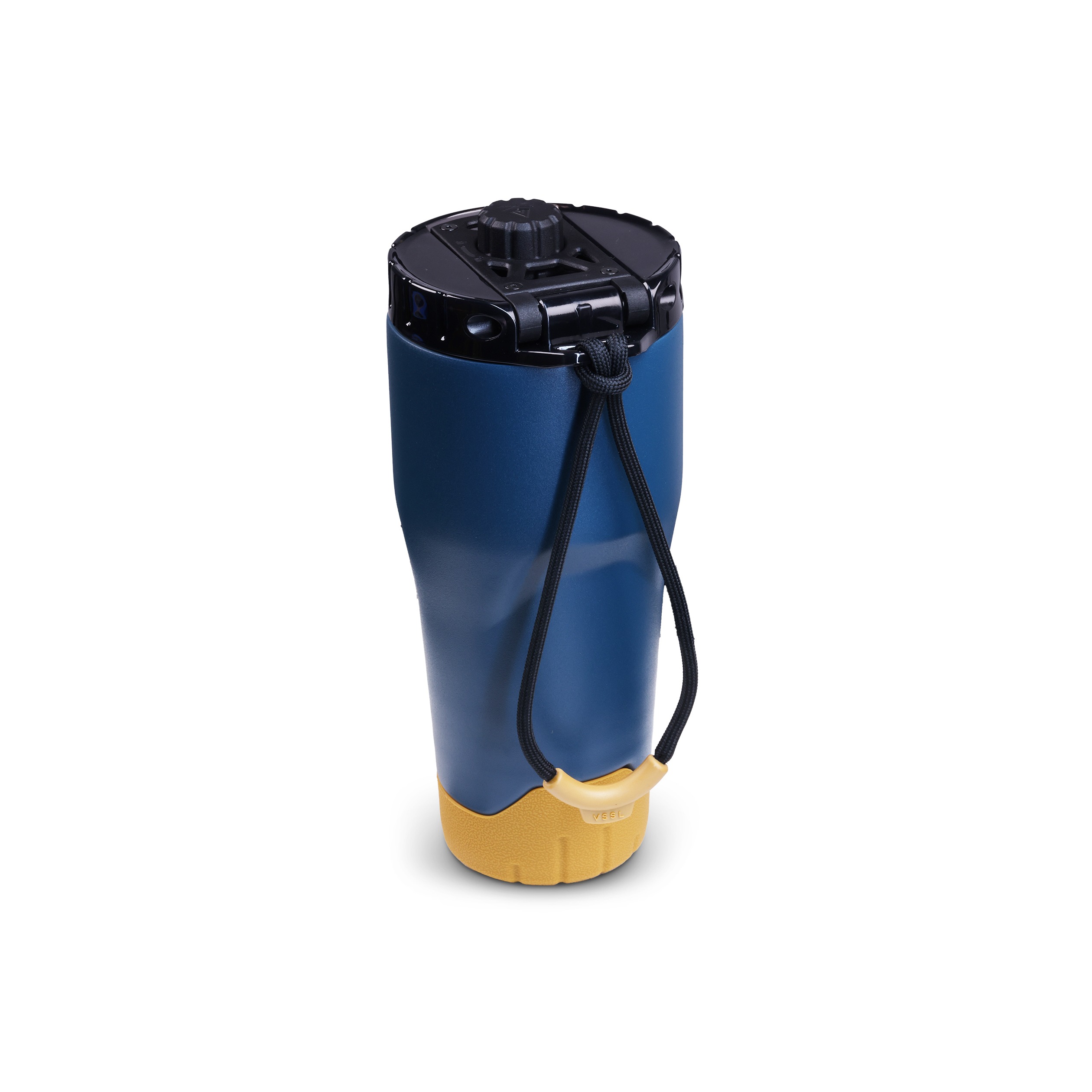 Outdoor-Ausrüstung, zylindrischer Behälter, blau-gelb, schwarzer Deckel, Trageschlaufe
