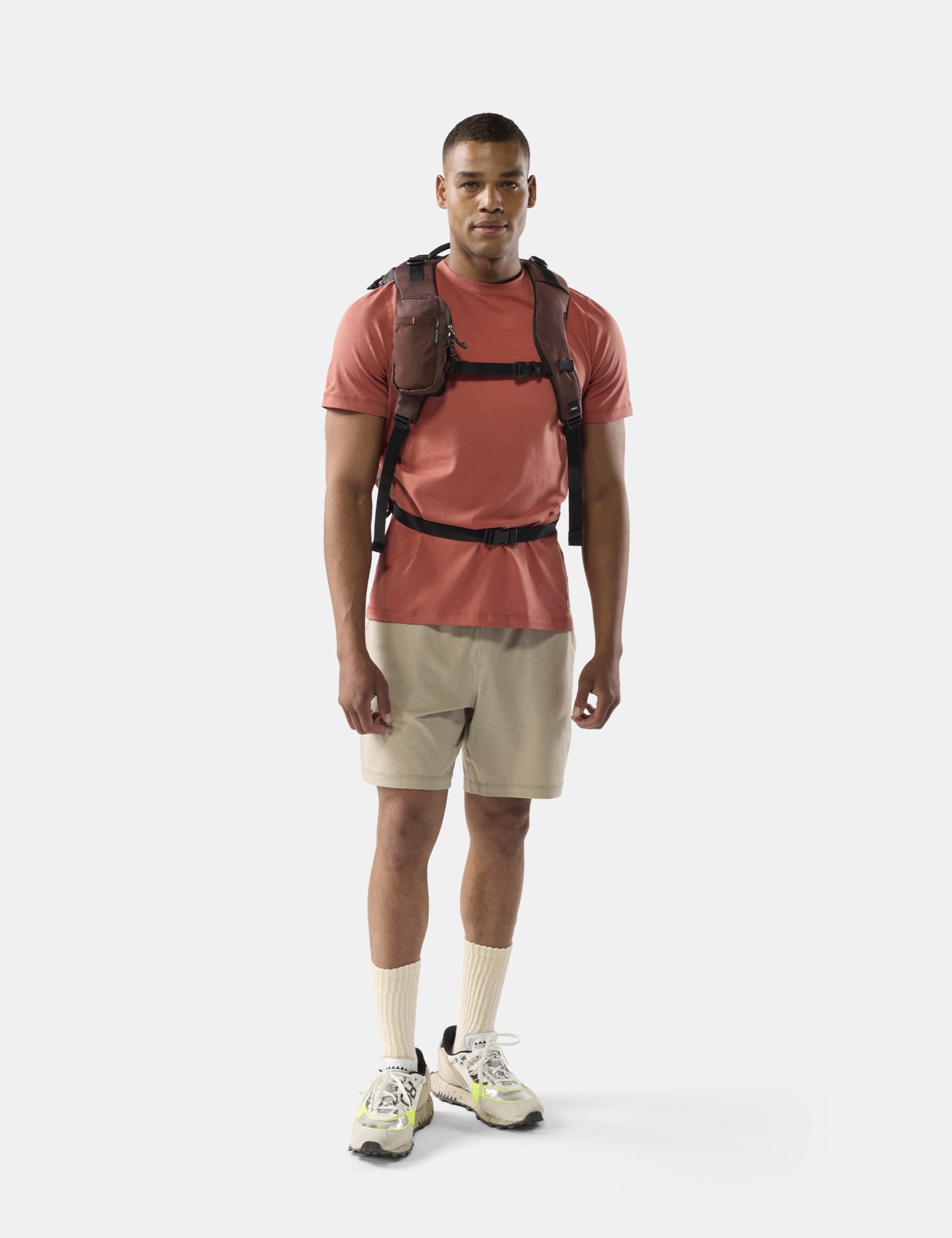 Hiking shirt, Backpack harness, Shorts, Sneaker, Socks