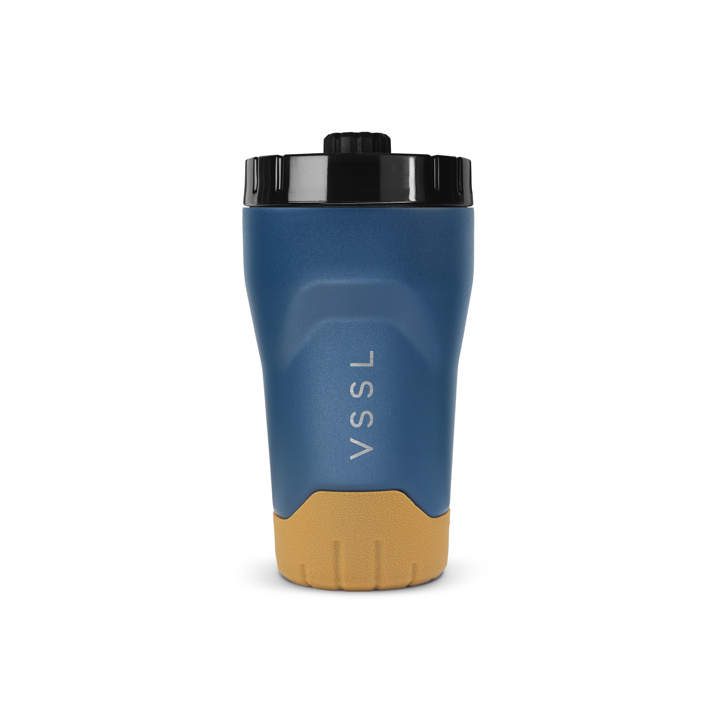 Thermobecher, blau, gelber Sockel, Schraubdeckel, Kunststoff