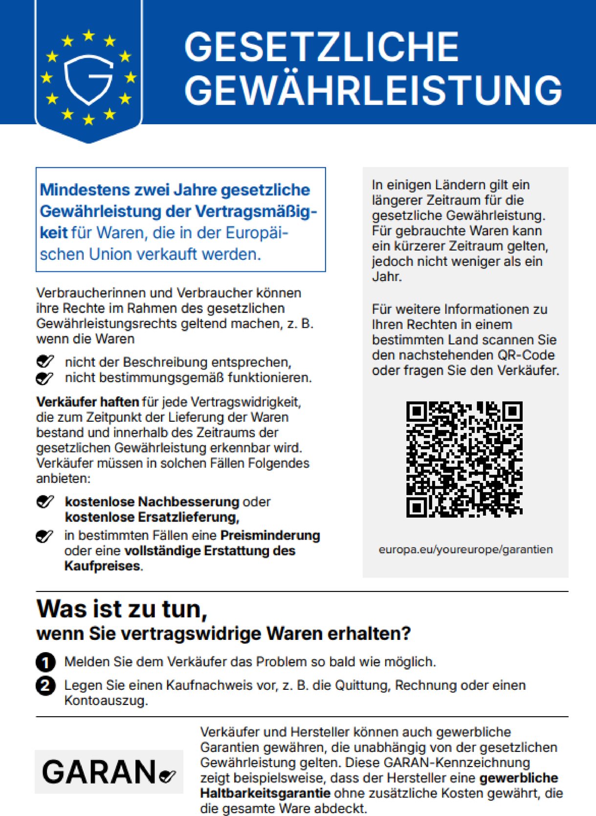 garantie, gesetzliche gewährleistung, haken, fehlerhafte ware, qr code