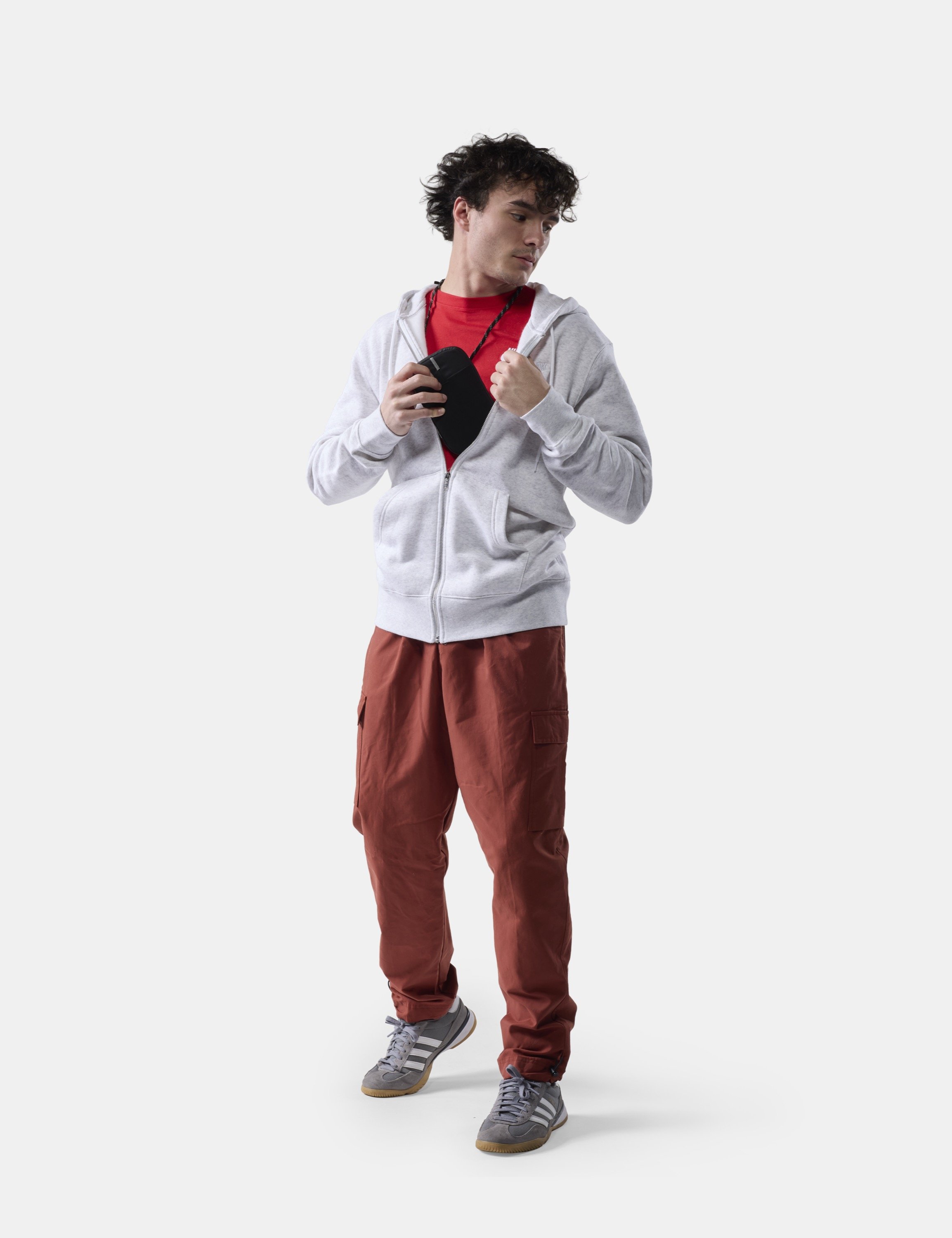 hoodie, zip-up, gray, cargo pants, sneakers