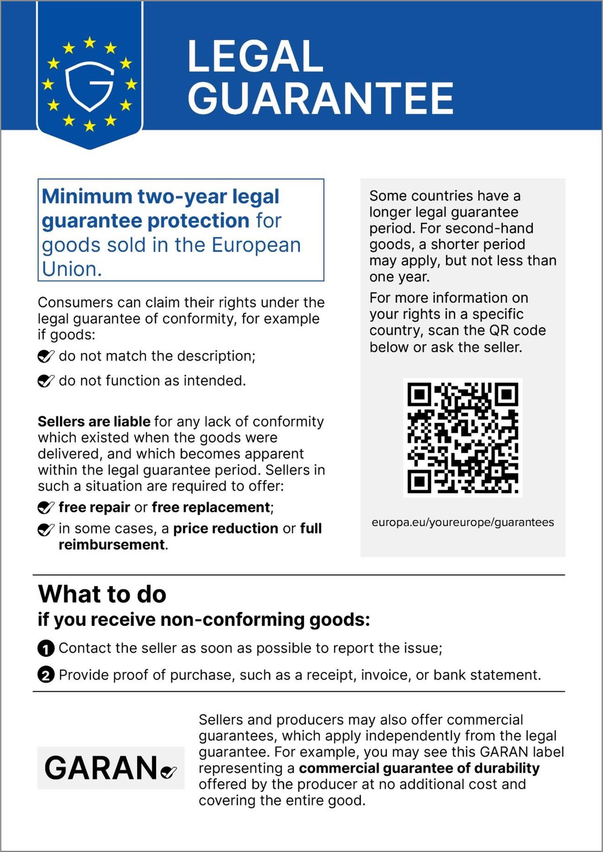 rechtliche garantie, zwei jahre, garantie, warensiegel, QR-code