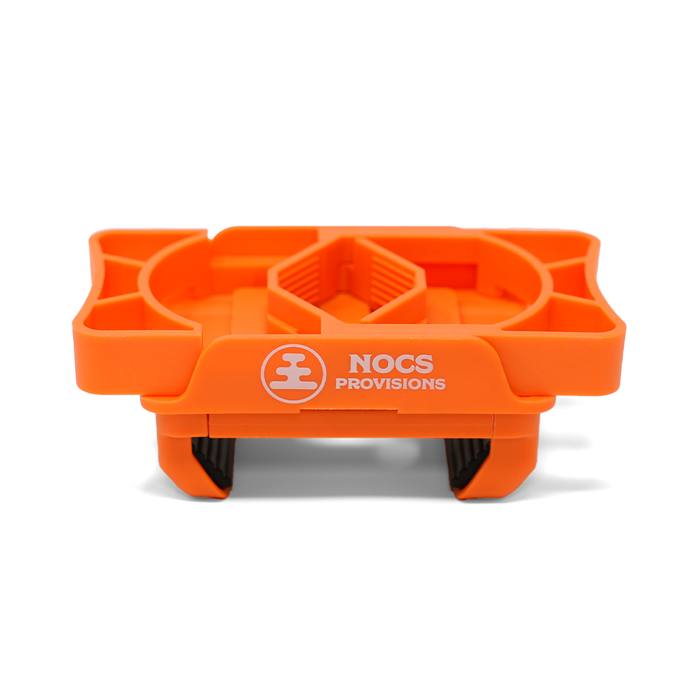 orange Kunststoffhalter, NOCS PROVISIONS Logo, Modularer Organizer, Lego-ähnliche Basis, orangefarbener Tray