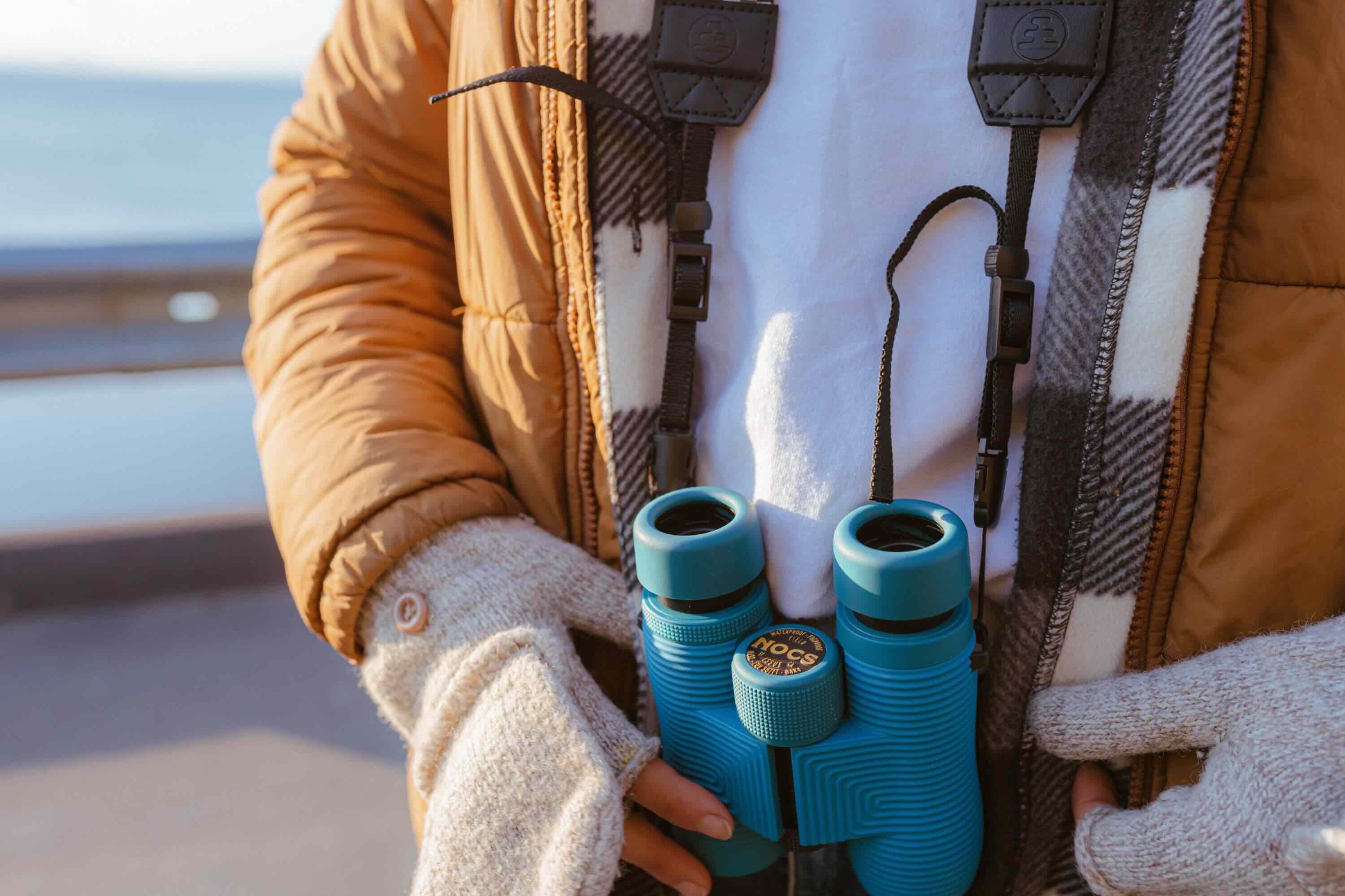 Fernglas, Blau, Stoff, Handschuhe, Jacke