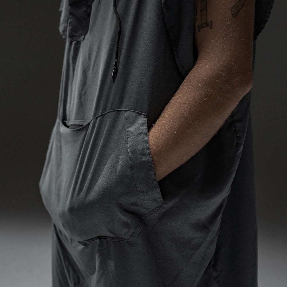 Overall clothing, short-sleeve?, pocket, dark gray, fabric